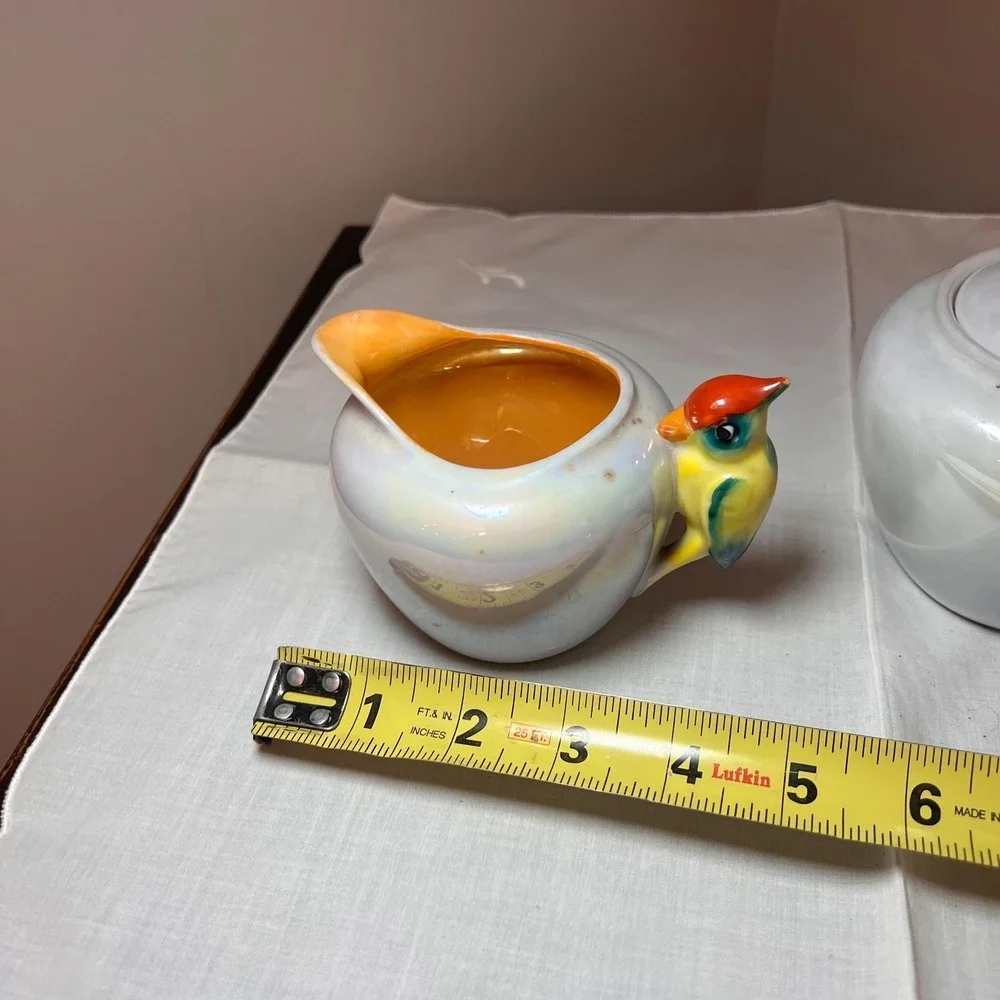 VTG  Lustreware Colorful Bird Cream & Sugar Set Japan Iridescent porcelain china